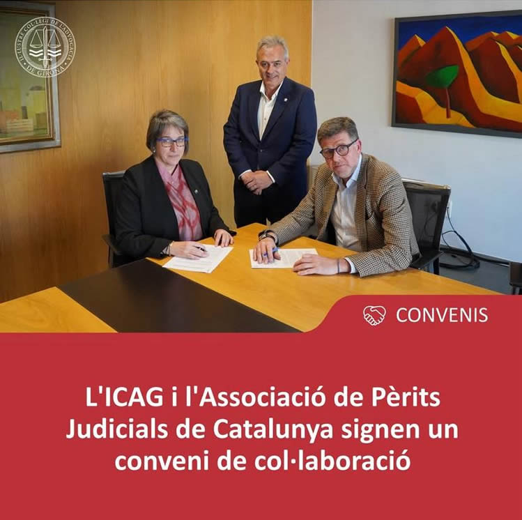 Acord de col·laboració entre l’ICAG i l’Associació de Pèrits Judicials de Catalunya - L’ICAG i l’Associació de Pèrits Judicials de Catalunya (APEJUC) han signat un conveni de col·laboració per impulsar activitats formatives conjuntes i afavorir l’intercanvi professional entre advocats i pèrits.